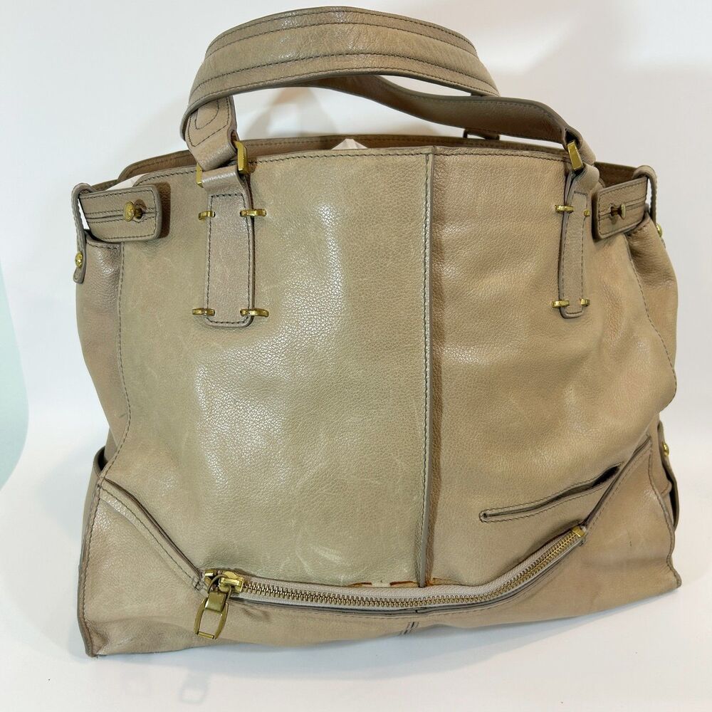 Kooba Leather Large Tote Handbag Taupe Brown Purple Lining 14"x12"